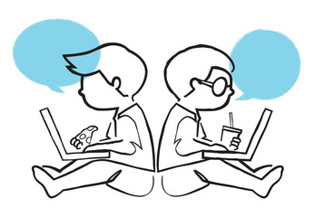 Two boys with a laptop, line art kids
