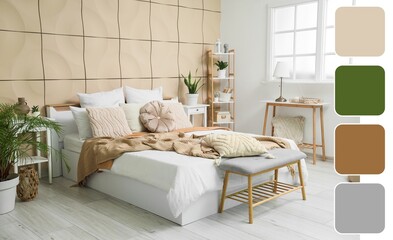 Interior of cozy bedroom with banquette and shelving unit. Different color patterns