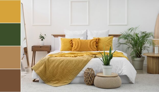 Interior of modern stylish bedroom. Different color patterns