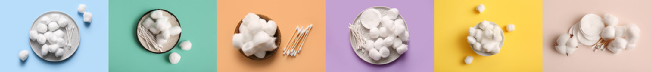 Collage of many cotton balls and swabs on color background, top view