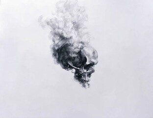 Skull emerging from smoke, detailed grayscale drawing, floating on a stark white background