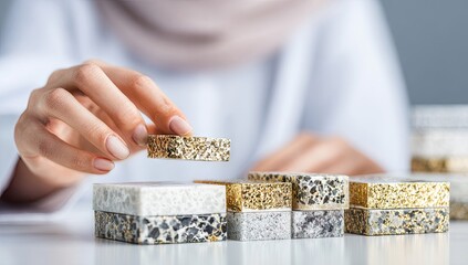 A hand places a gold-speckled brick atop others, highlighting texture and construction