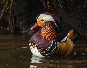Beautiful Mandarin Duck Swimming in the Water with Colorful Plumage