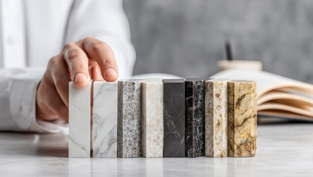 Hand selects countertop samples of varying colors and textures, with blurred background