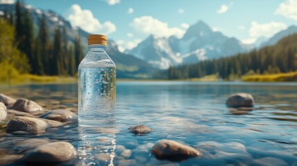 A reusable water bottle sits on a rock with a breathtaking mountain landscape in the background, promoting outdoor adventure and eco lifestyle.