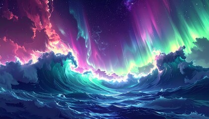 Fototapeta premium Vibrant Aurora Borealis Over Raging Ocean Waves at Night.