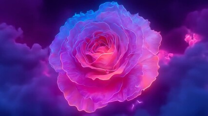 Vibrant neon rose glowing with iridescent pink, purple, and blue light amidst mystical smoke and clouds. Ethereal floral dreamscape. - Powered by Adobe