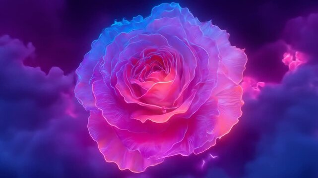 Vibrant neon rose glowing with iridescent pink, purple, and blue light amidst mystical smoke and clouds. Ethereal floral dreamscape.