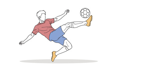 Minimal line art and flat color illustration of a soccer player performing a bicycle kick action, athletic movement, and football game design for competition, training, and teamwork themes.