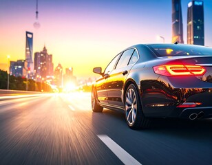Sleek car on city highway at sunrise