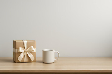 Gift box ribbon mug wooden desk minimal neutral present celebration calm
