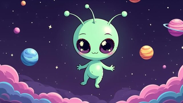 Cute cartoon alien with big eyes floating in space among planets and colorful clouds