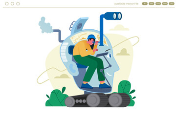 Inside a giant stylized head a person in a yellow shirt and green pants operates controls