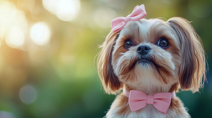 A small dog with a pink bow looks directly at the camera, exuding cuteness.