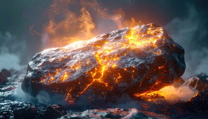 Large flaming rock rests on dark ground