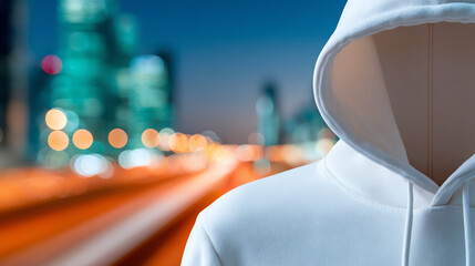 An urban evening scene featuring a close-up of a white hoodie, symbolizing modern fashion and street culture against city lights.