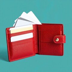 Open red wallet with cards on blue