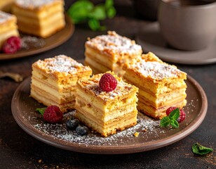 Stacked pastries, powdered sugar, berries