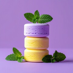 Stacked pastel cakes, mint leaves garnish