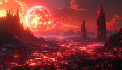 Red planet cityscape under a giant sun