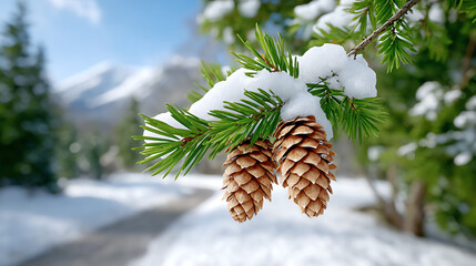 Close-up view of pine cones covered with snow, showcasing the beauty of winter in a serene natural landscape.