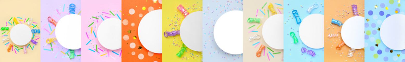 Collage of blank cards, party streamers and confetti on color background, top view