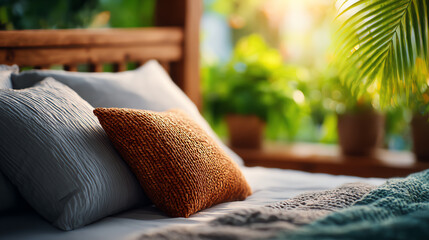Cozy bedroom corner with soft pillows and vibrant plants, creating a serene and inviting atmosphere for relaxation.