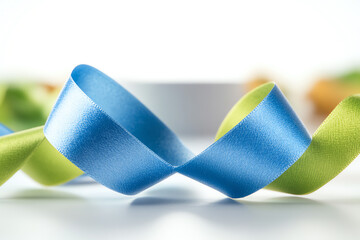 Colorful ribbon in vibrant blue and green, elegantly twisted, perfect for celebrations, gifts, or creative projects.