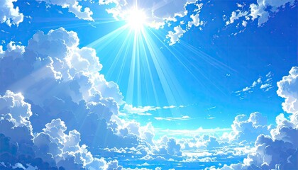 Bright sunburst over fluffy white clouds