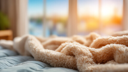 Cozy blanket draped on a bed against a bright morning window, evoking comfort and warmth in a peaceful environment.