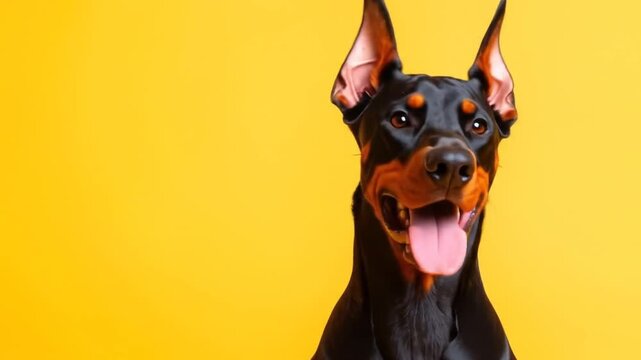 Happy Doberman Pinscher against a bright yellow background