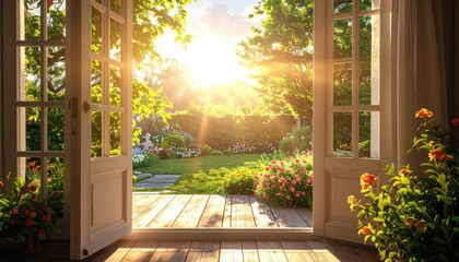 Garden viewed through opened doorway