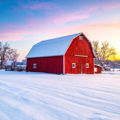 Snowy field with a red barn at sunset
