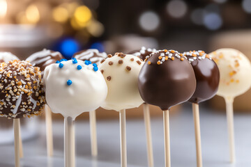 Delicious cake pops covered in chocolate and colorful sprinkles, perfect for celebrations and dessert lovers.