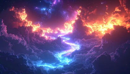 Fototapeta premium Vibrant Cosmic River Flowing Through Nebulous Clouds.