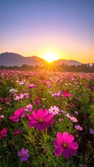 Sunset over flower field and mountains