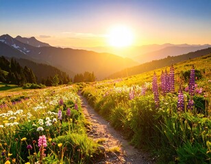 Floral meadow at sunset. Trail present
