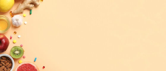 Composition with healthy food and different pills on color background. Immunity boosting concept