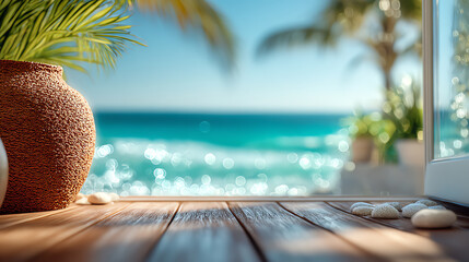 Serene coastal view with a vibrant plant and a textured pot, perfect for evoking tranquility and beachside relaxation.