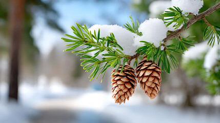 Snow-covered pine cones on a tree branch, bringing a serene winter landscape to life with a touch of nature's beauty.