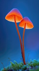 Fototapeta premium Two glowing orange mushrooms stand tall, caps lit, against a blurred blue backdrop