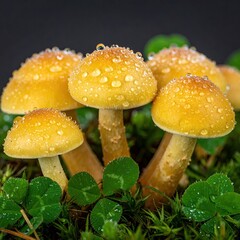 Golden mushrooms adorned with water drops