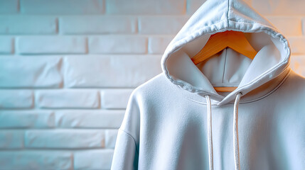 Stylish white hoodie hanging against a textured wall, perfect for fashion and comfort in modern lifestyles.