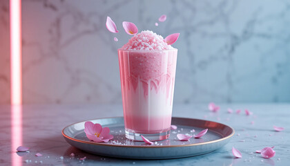 Sakura Coconut Frappe 3D Illustration Thai-Japanese Fusion Beverage with Shaved Ice and Floating Sakura Petals on Minimal Ceramic Tray