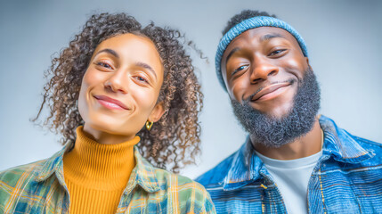 Two smiling friends share a joyful moment, showcasing happiness and friendship in a vibrant atmosphere.