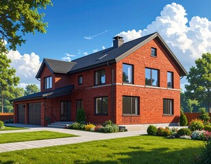 Beautiful two-story brick house with green grass and a blue sky, home exterior view