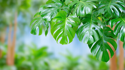Vibrant monstera leaves against a blurred green background, perfect for nature-themed projects and tropical aesthetics.