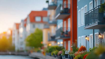 Vibrant residential buildings line the water's edge, showcasing balconies adorned with colorful plants and a serene atmosphere.