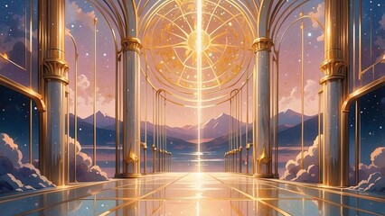ゲーム背景　夕暮れキラキラ天国の門の入口扉風景