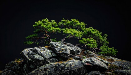 Windswept tree on rocky outcrop, moody